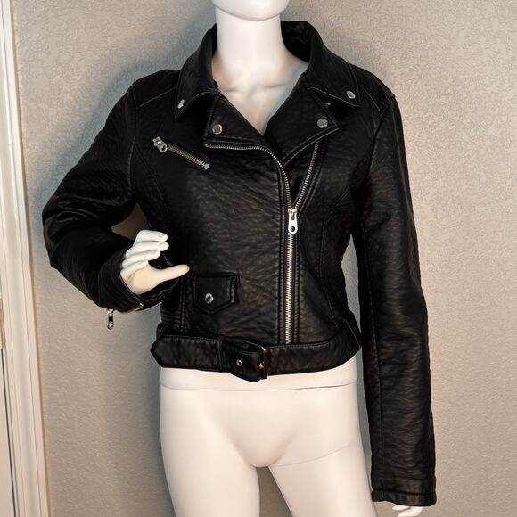 Members Only Size L Black Cropped Faux Leather Thick Pebbled Moto Jacket - Picture 2 of 8
